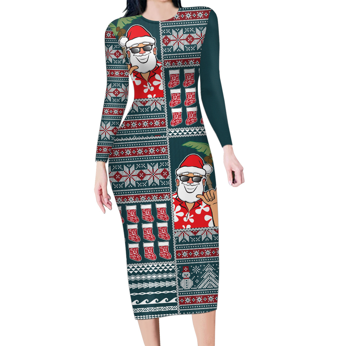Hawaii Mele Kalikimaka Family Matching Long Sleeve Bodycon Dress and Hawaiian Shirt Aloha and Christmas Elements Patchwork Turquoise Style LT03 Mom's Dress Turquoise - Polynesian Pride