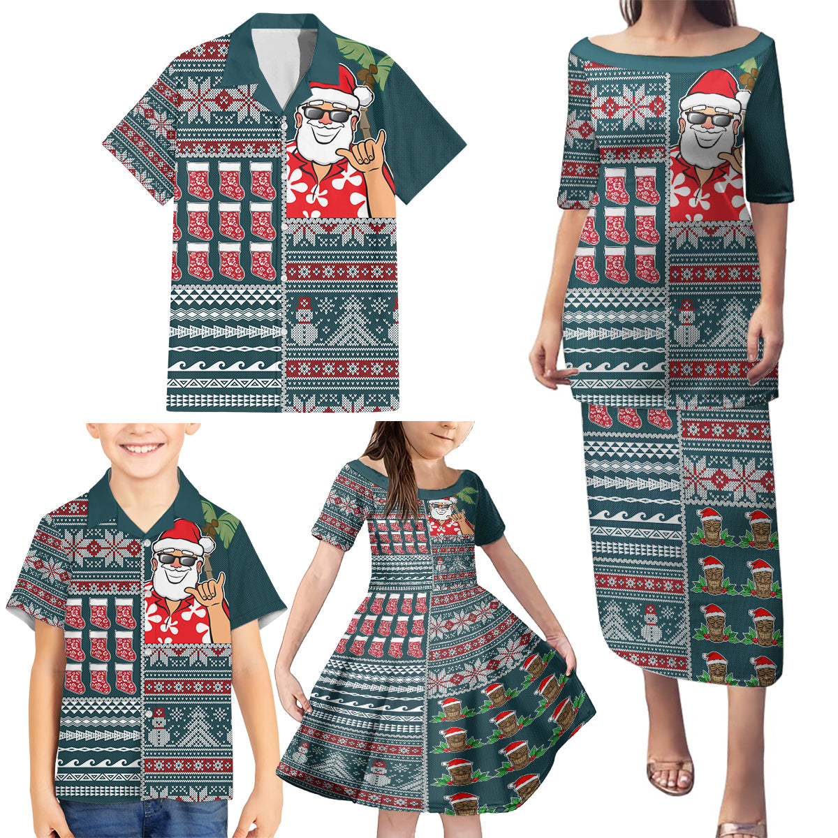 Hawaii Mele Kalikimaka Family Matching Puletasi Dress and Hawaiian Shirt Aloha and Christmas Elements Patchwork Turquoise Style LT03 - Polynesian Pride