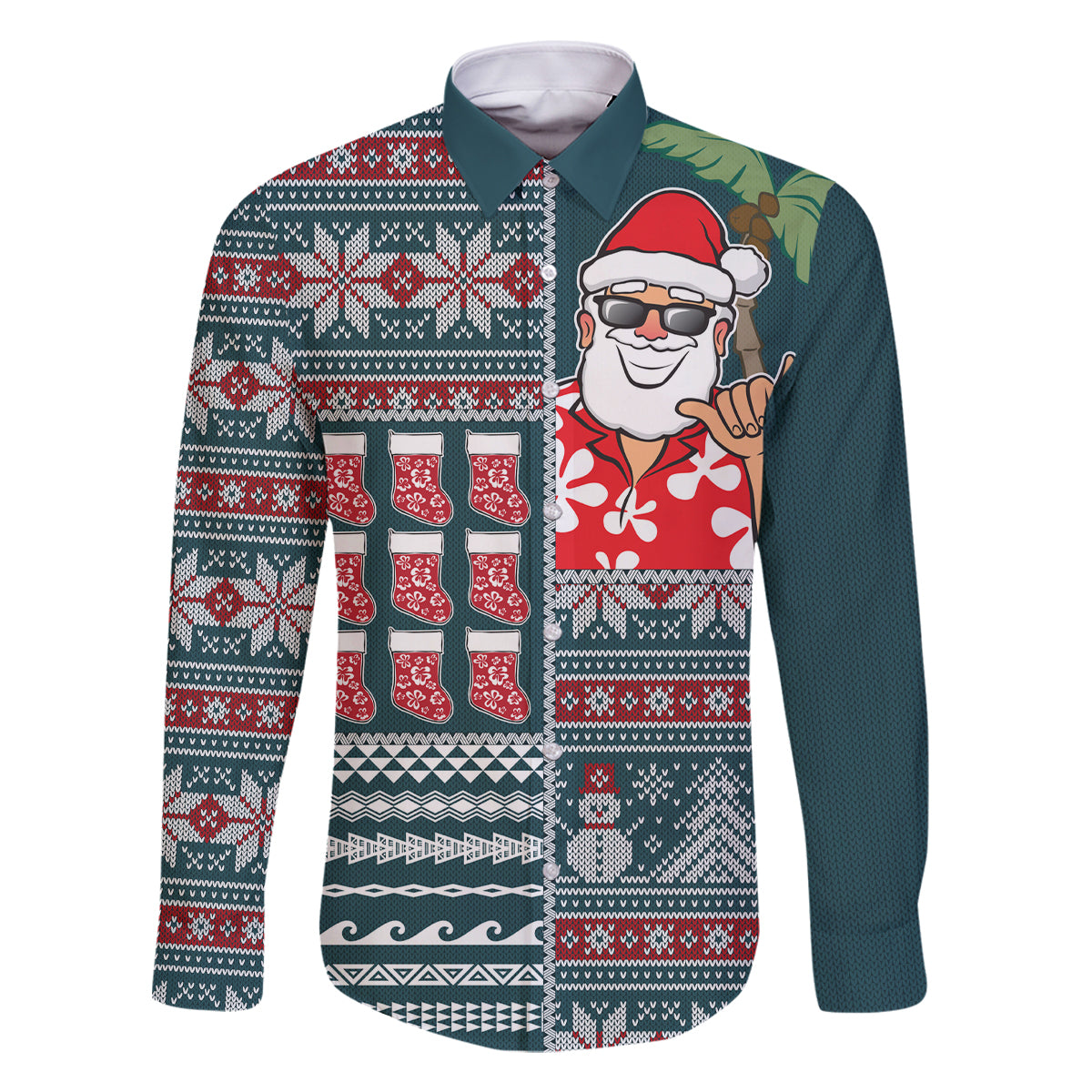 Hawaii Mele Kalikimaka Family Matching Tank Maxi Dress and Hawaiian Shirt Aloha and Christmas Elements Patchwork Turquoise Style LT03 Dad's Shirt - Long Sleeve Turquoise - Polynesian Pride