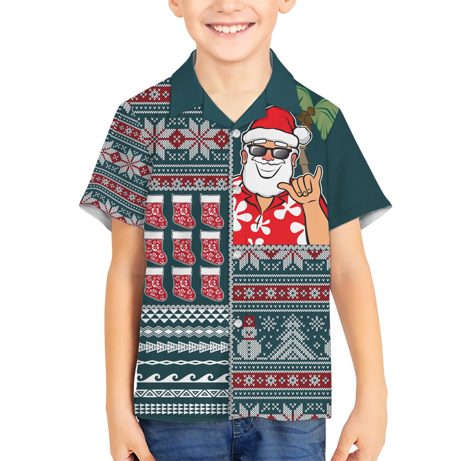 Hawaii Mele Kalikimaka Kid Hawaiian Shirt Aloha and Christmas Elements Patchwork Turquoise Style LT03 Kid Turquoise - Polynesian Pride