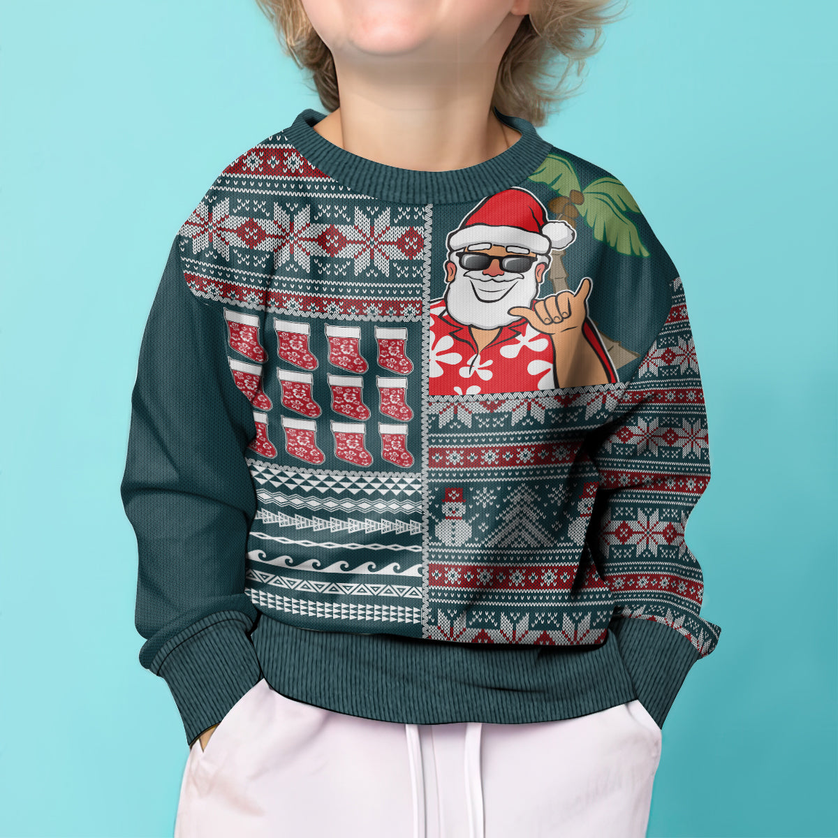 Hawaii Mele Kalikimaka Kid Ugly Christmas Sweater Aloha and Christmas Elements Patchwork Turquoise Style LT03 - Polynesian Pride