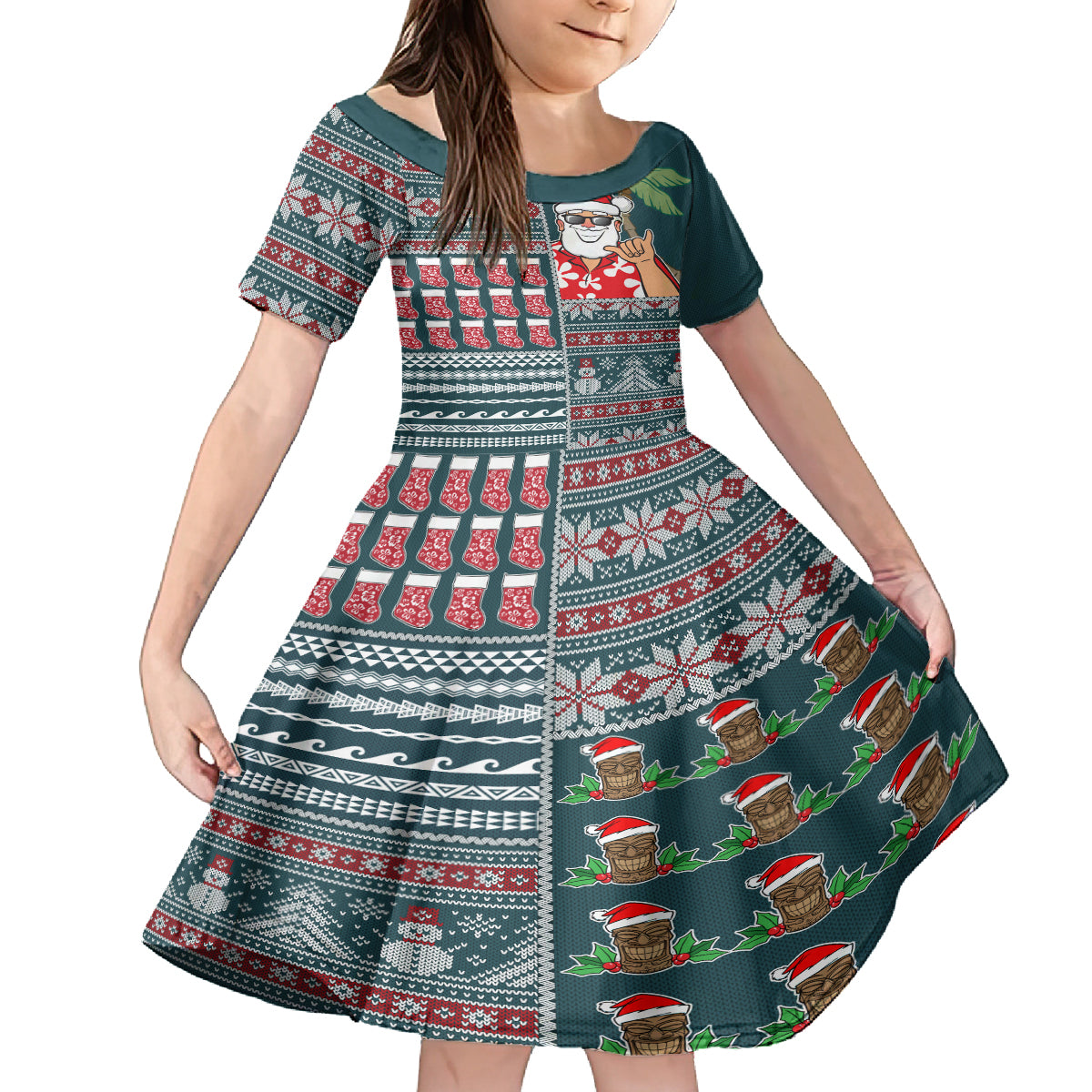 Hawaii Mele Kalikimaka Kid Short Sleeve Dress Aloha and Christmas Elements Patchwork Turquoise Style LT03 KID Turquoise - Polynesian Pride