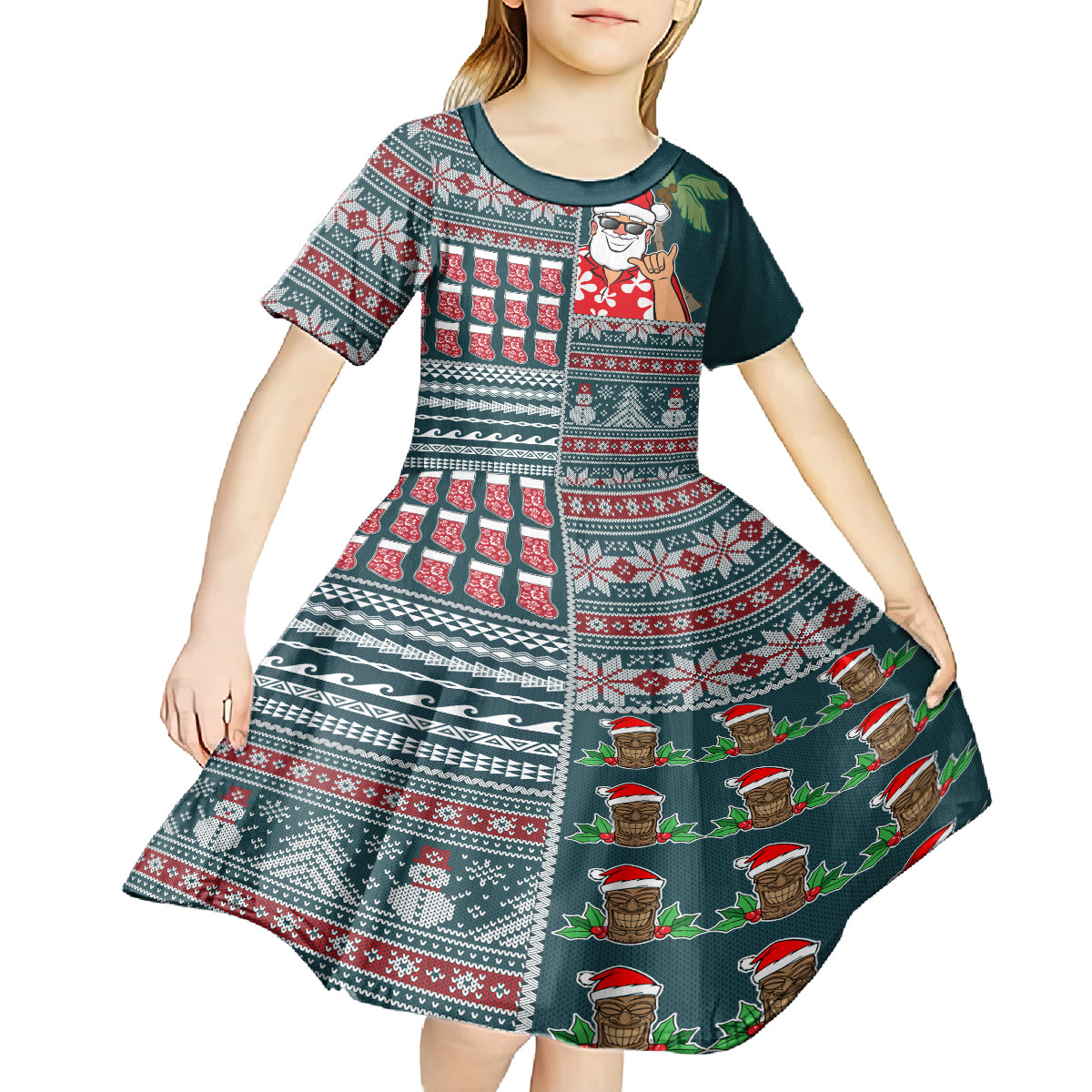 Hawaii Mele Kalikimaka Kid Short Sleeve Dress Aloha and Christmas Elements Patchwork Turquoise Style LT03 - Polynesian Pride