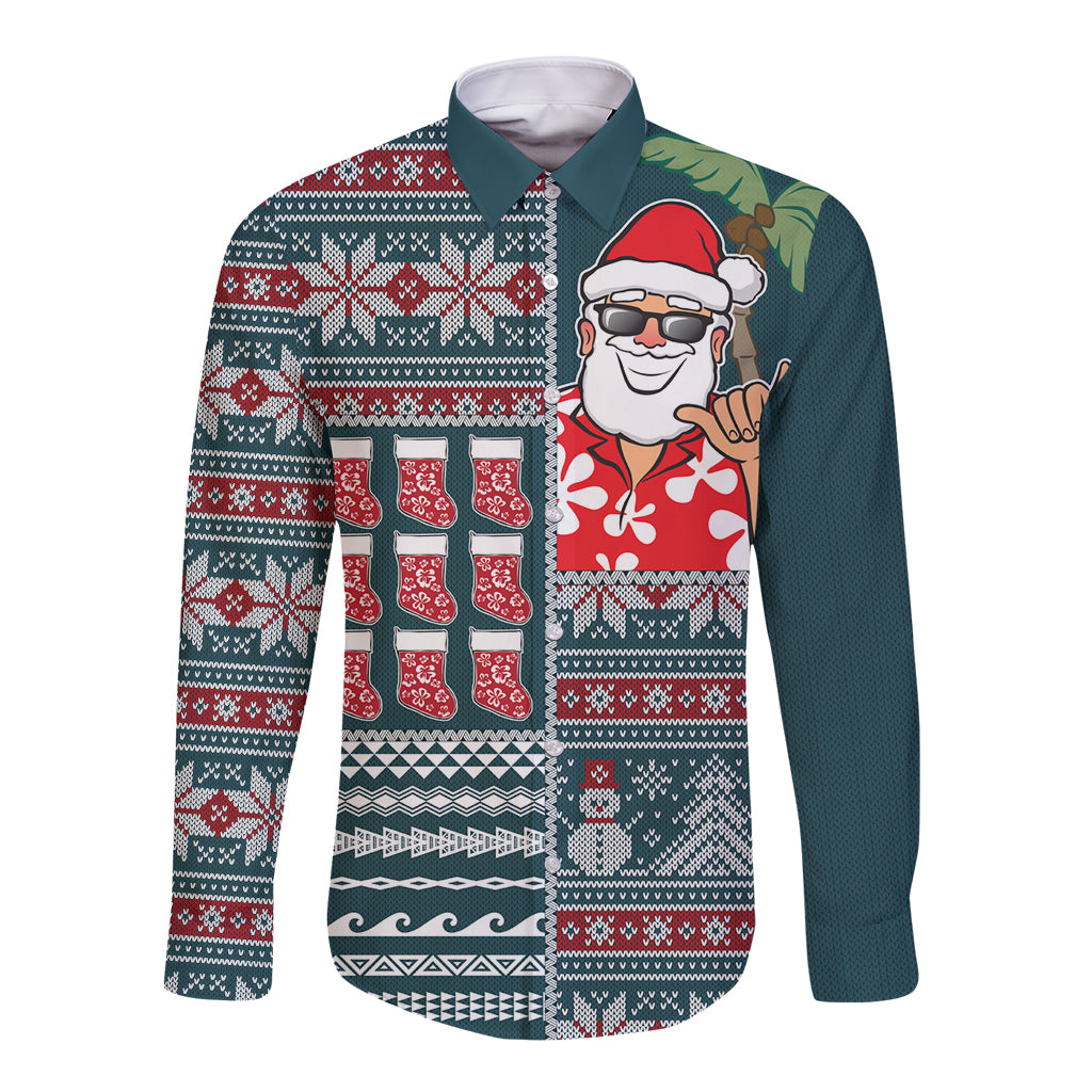 Hawaii Mele Kalikimaka Long Sleeve Button Shirt Aloha and Christmas Elements Patchwork Turquoise Style LT03 Unisex Turquoise - Polynesian Pride