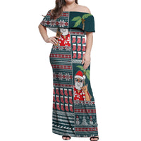 Hawaii Mele Kalikimaka Off Shoulder Maxi Dress Aloha and Christmas Elements Patchwork Turquoise Style LT03 Women Turquoise - Polynesian Pride