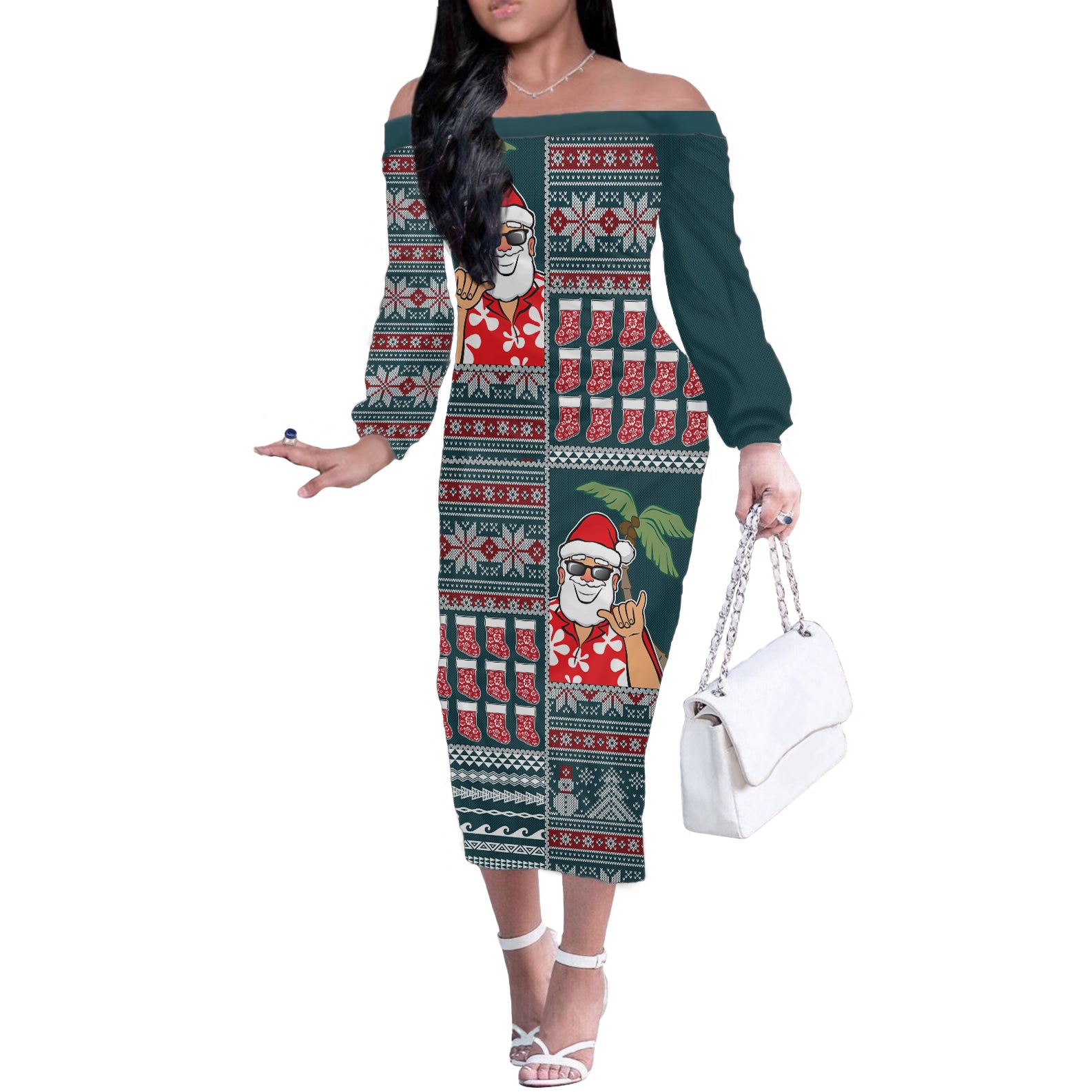Hawaii Mele Kalikimaka Off The Shoulder Long Sleeve Dress Aloha and Christmas Elements Patchwork Turquoise Style LT03 Women Turquoise - Polynesian Pride
