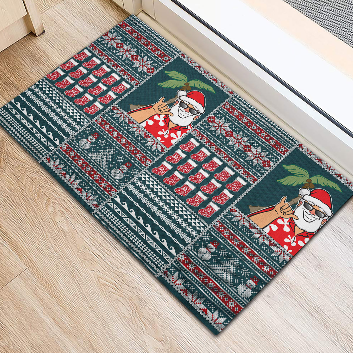 Hawaii Mele Kalikimaka Rubber Doormat Aloha and Christmas Elements Patchwork Turquoise Style LT03 - Polynesian Pride