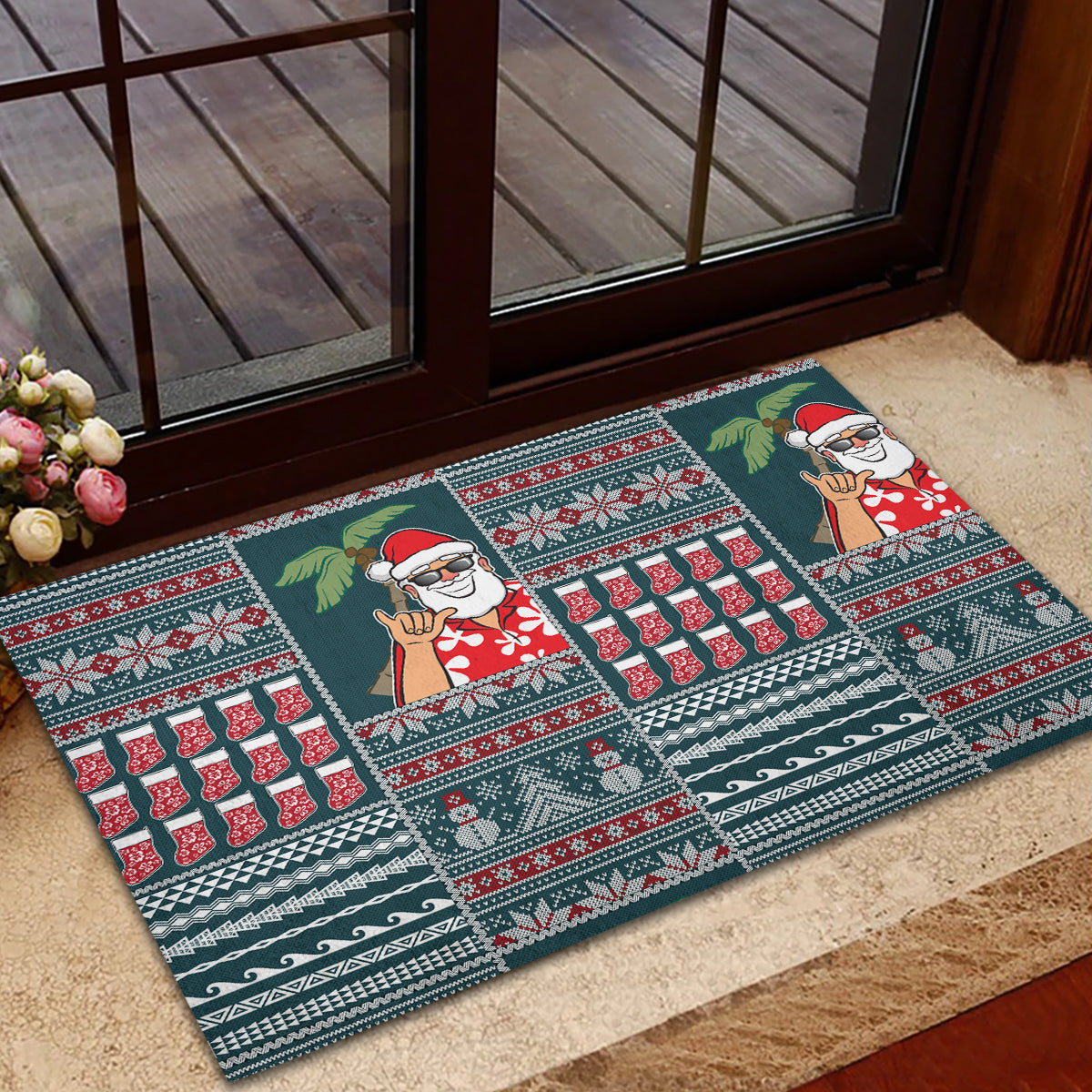 Hawaii Mele Kalikimaka Rubber Doormat Aloha and Christmas Elements Patchwork Turquoise Style LT03 - Polynesian Pride