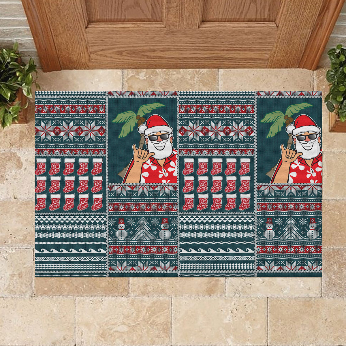 Hawaii Mele Kalikimaka Rubber Doormat Aloha and Christmas Elements Patchwork Turquoise Style LT03 - Polynesian Pride