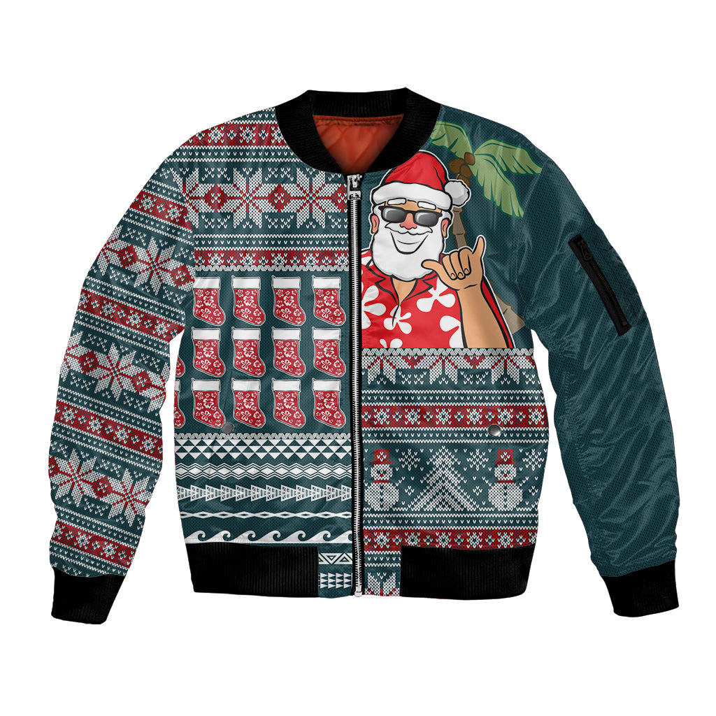 Hawaii Mele Kalikimaka Sleeve Zip Bomber Jacket Aloha and Christmas Elements Patchwork Turquoise Style LT03 Unisex Turquoise - Polynesian Pride