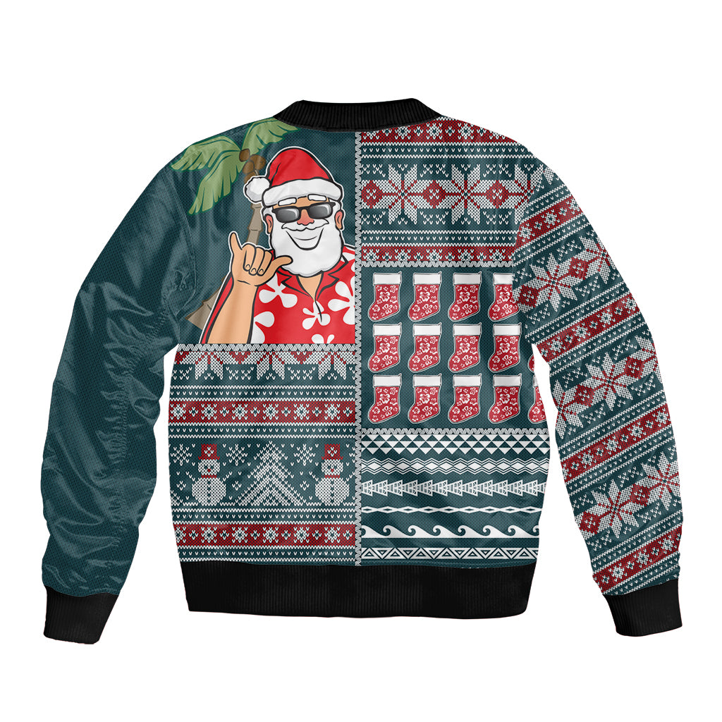 Hawaii Mele Kalikimaka Sleeve Zip Bomber Jacket Aloha and Christmas Elements Patchwork Turquoise Style LT03 - Polynesian Pride