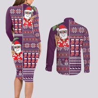 Hawaii Mele Kalikimaka Couples Matching Long Sleeve Bodycon Dress and Long Sleeve Button Shirt Aloha and Christmas Elements Patchwork Pink Style LT03 - Polynesian Pride