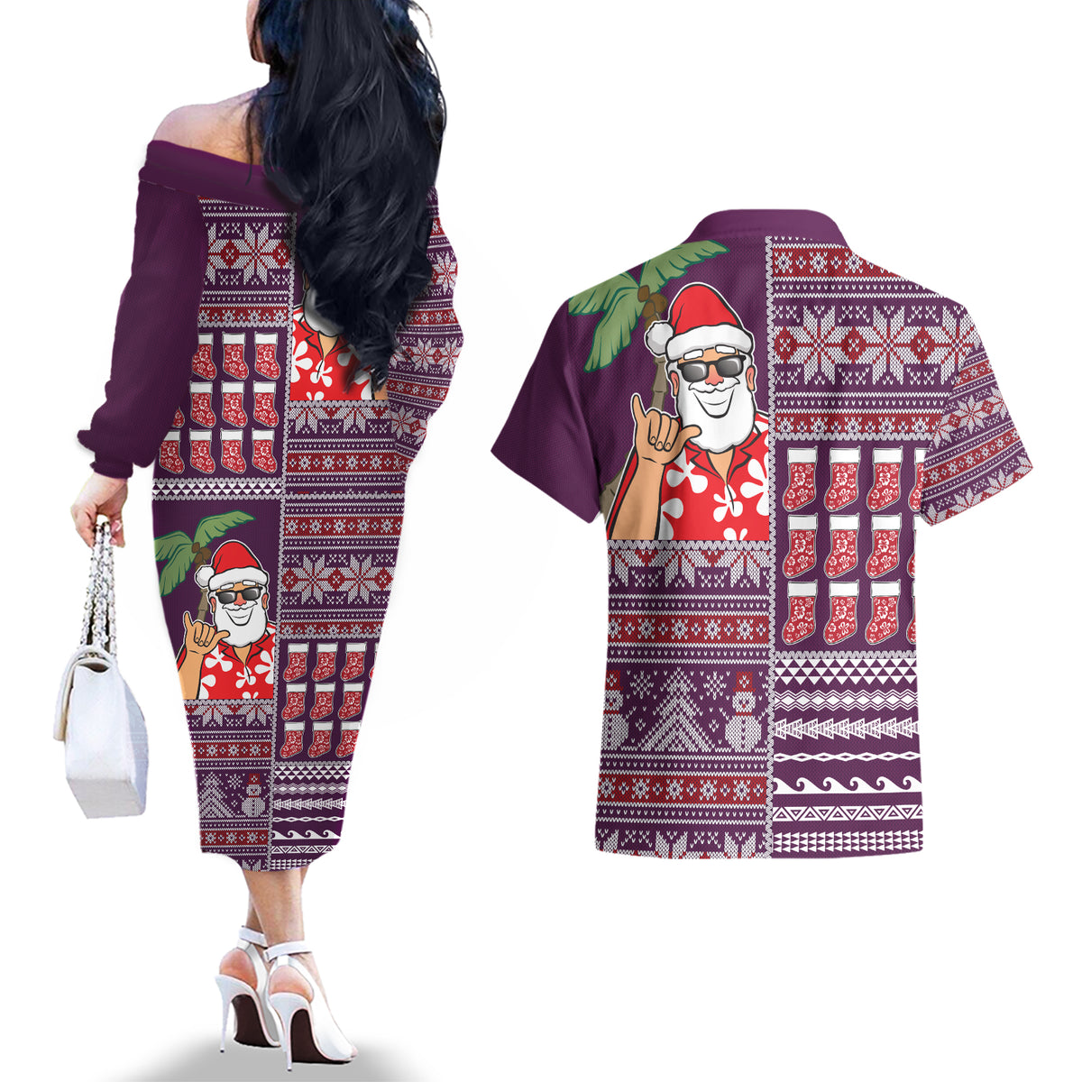 Hawaii Mele Kalikimaka Couples Matching Off The Shoulder Long Sleeve Dress and Hawaiian Shirt Aloha and Christmas Elements Patchwork Pink Style LT03 - Polynesian Pride
