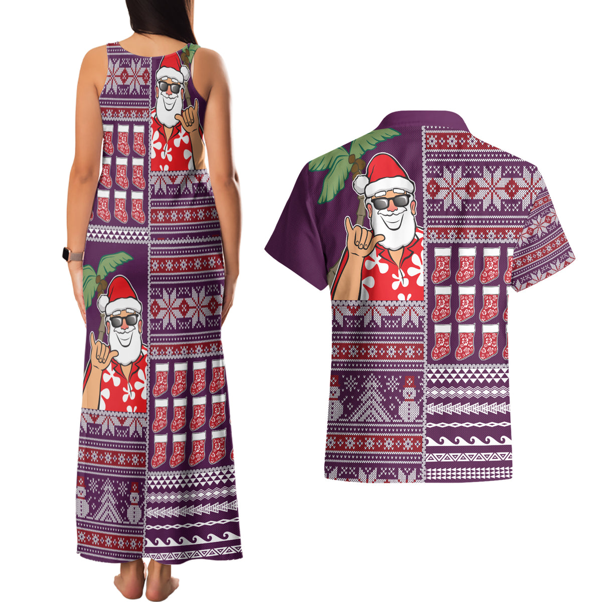 Hawaii Mele Kalikimaka Couples Matching Tank Maxi Dress and Hawaiian Shirt Aloha and Christmas Elements Patchwork Pink Style LT03 - Polynesian Pride
