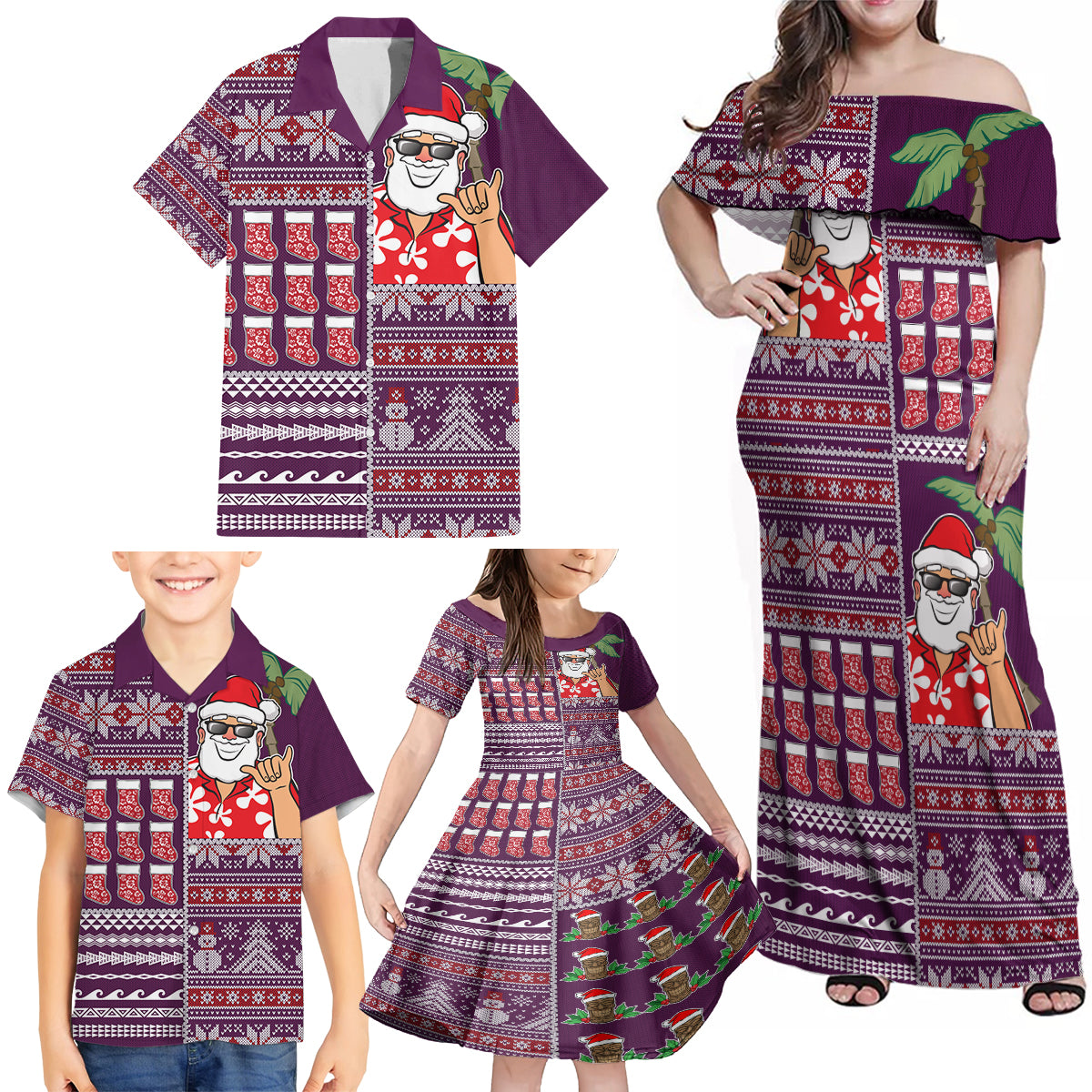 Hawaii Mele Kalikimaka Family Matching Off Shoulder Maxi Dress and Hawaiian Shirt Aloha and Christmas Elements Patchwork Pink Style LT03 - Polynesian Pride