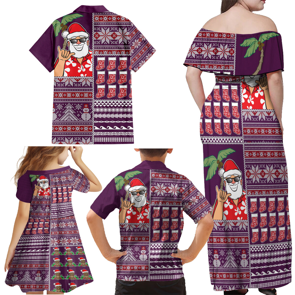 Hawaii Mele Kalikimaka Family Matching Off Shoulder Maxi Dress and Hawaiian Shirt Aloha and Christmas Elements Patchwork Pink Style LT03 - Polynesian Pride