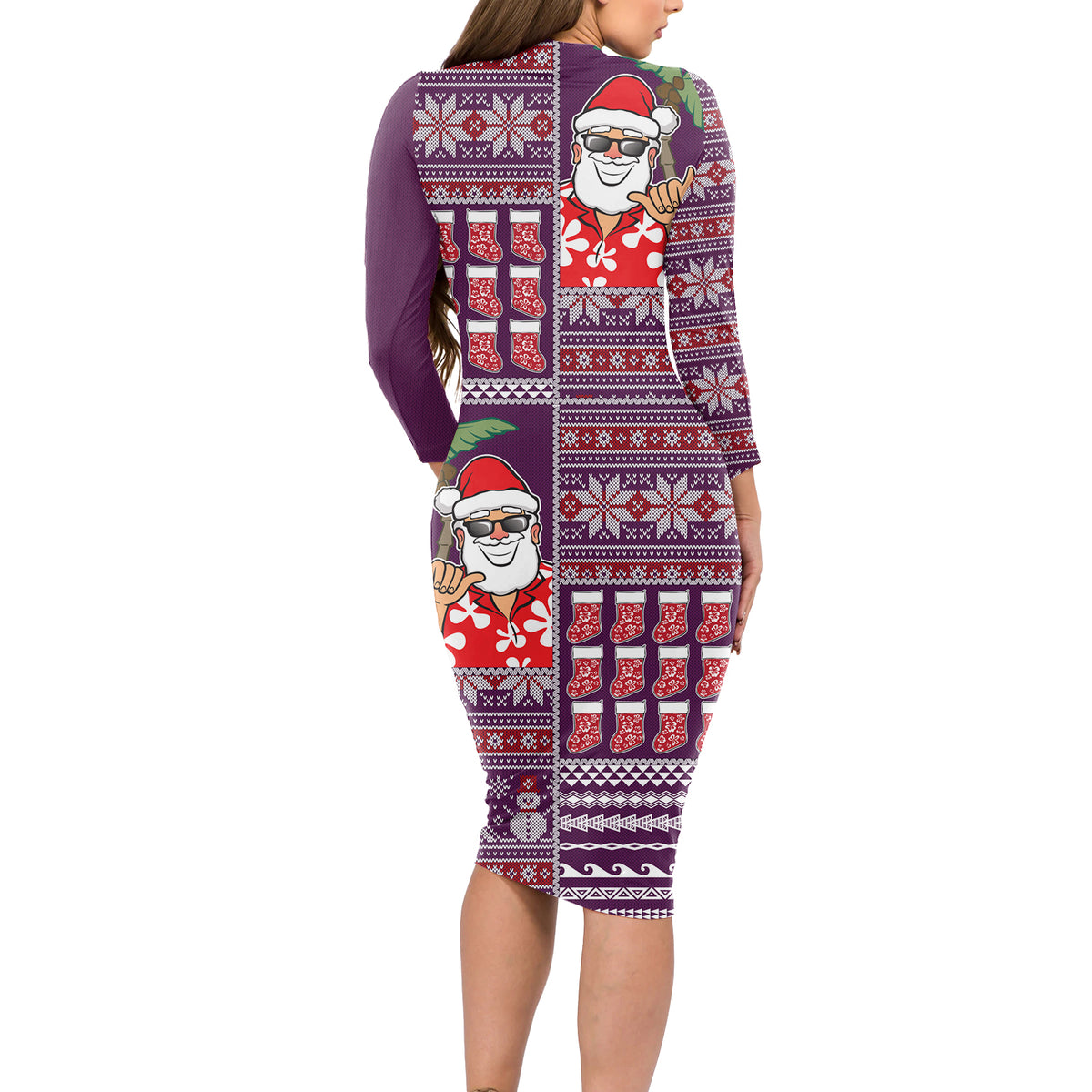 Hawaii Mele Kalikimaka Long Sleeve Bodycon Dress Aloha and Christmas Elements Patchwork Pink Style LT03 - Polynesian Pride