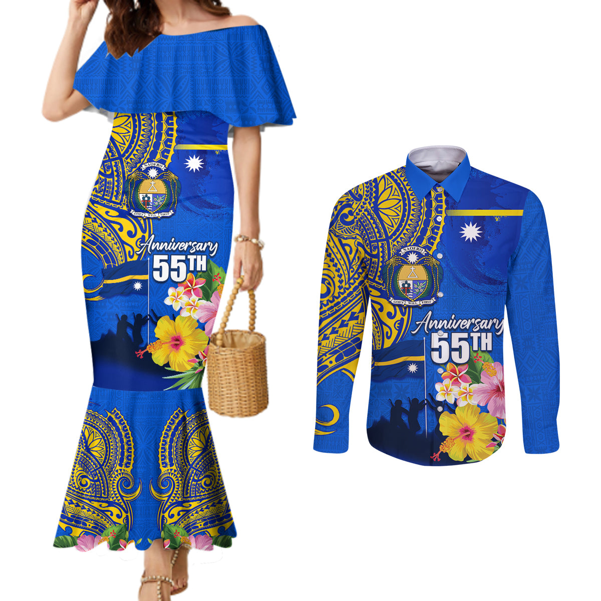 Personalised Nauru Independence Day Couples Matching Mermaid Dress and Long Sleeve Button Shirt Nauruan Tribal Flag Style LT03 Blue - Polynesian Pride
