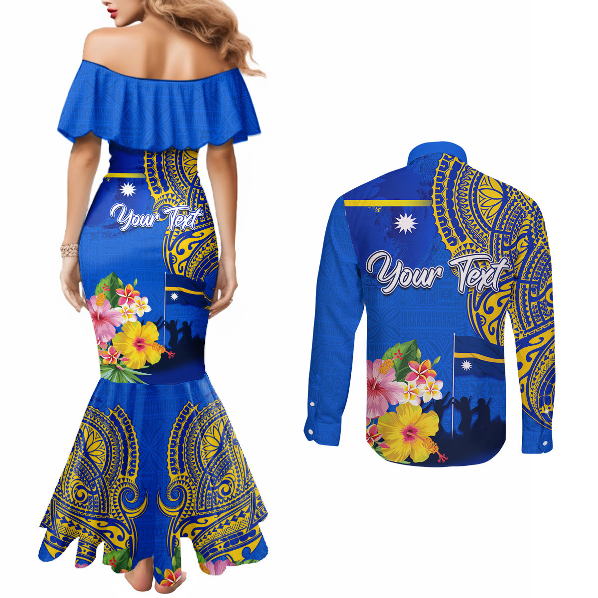 Personalised Nauru Independence Day Couples Matching Mermaid Dress and Long Sleeve Button Shirt Nauruan Tribal Flag Style LT03 - Polynesian Pride