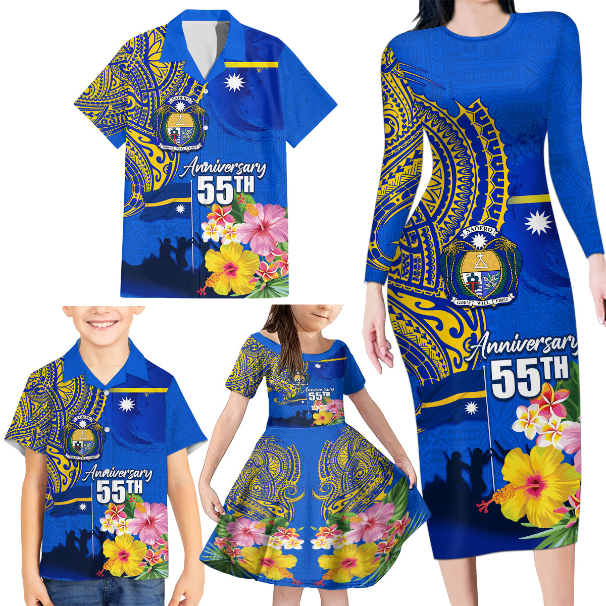Personalised Nauru Independence Day Family Matching Long Sleeve Bodycon Dress and Hawaiian Shirt Nauruan Tribal Flag Style LT03 - Polynesian Pride