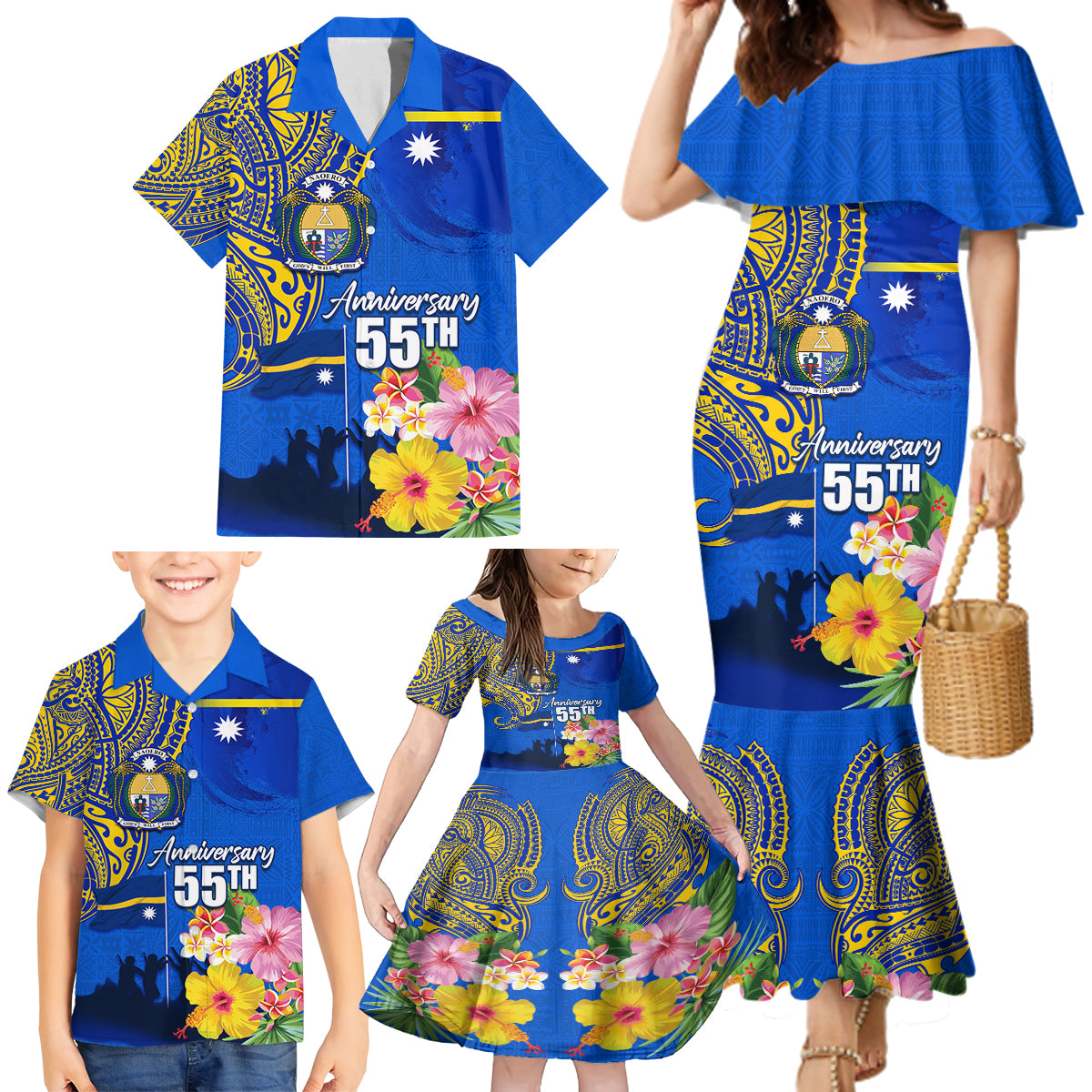 Personalised Nauru Independence Day Family Matching Mermaid Dress and Hawaiian Shirt Nauruan Tribal Flag Style LT03 - Polynesian Pride