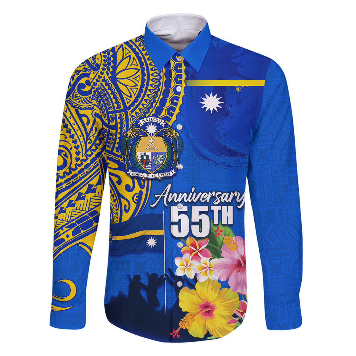 Personalised Nauru Independence Day Family Matching Mermaid Dress and Hawaiian Shirt Nauruan Tribal Flag Style LT03 Dad's Shirt - Long Sleeve Blue - Polynesian Pride