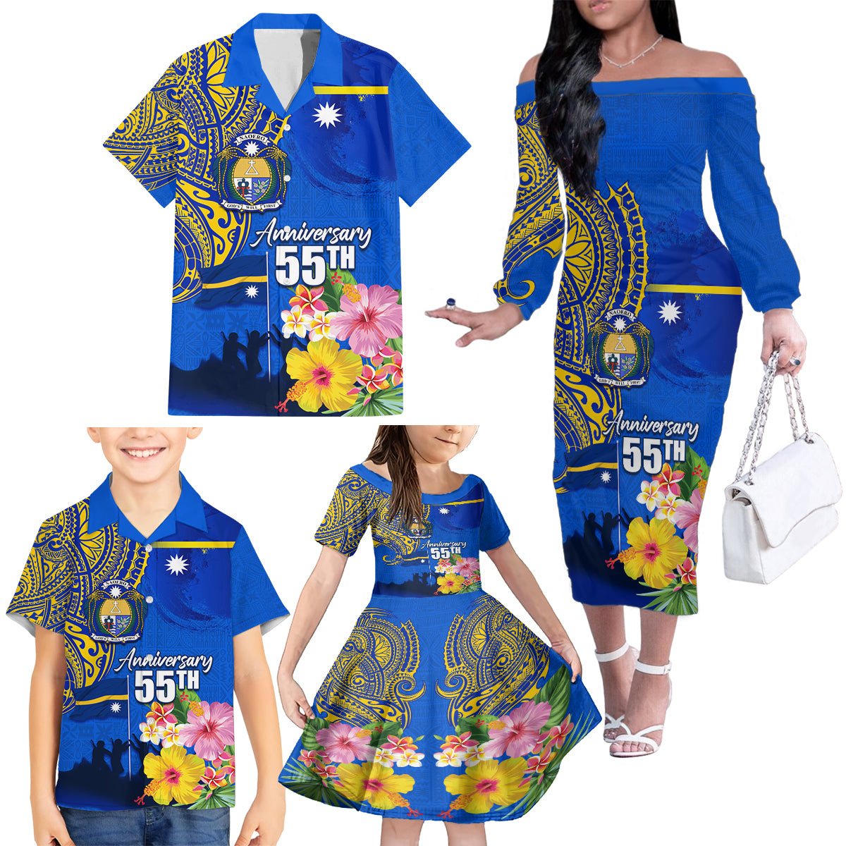 Personalised Nauru Independence Day Family Matching Off Shoulder Long Sleeve Dress and Hawaiian Shirt Nauruan Tribal Flag Style LT03 - Polynesian Pride