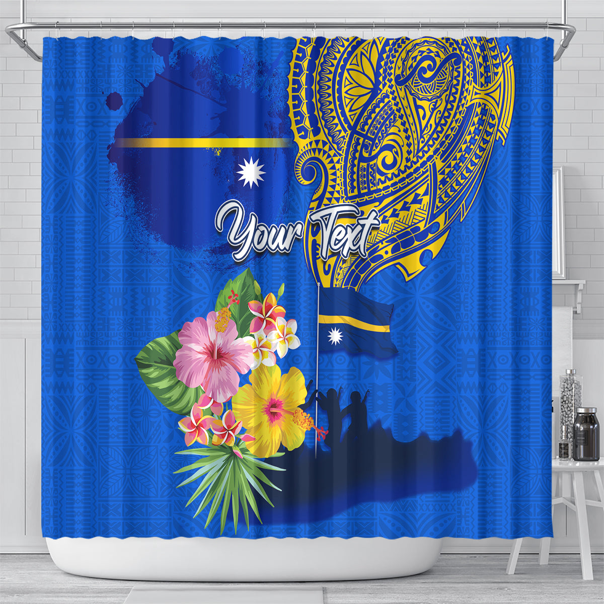 Personalised Nauru Independence Day Shower Curtain Nauruan Tribal Flag Style LT03 - Polynesian Pride