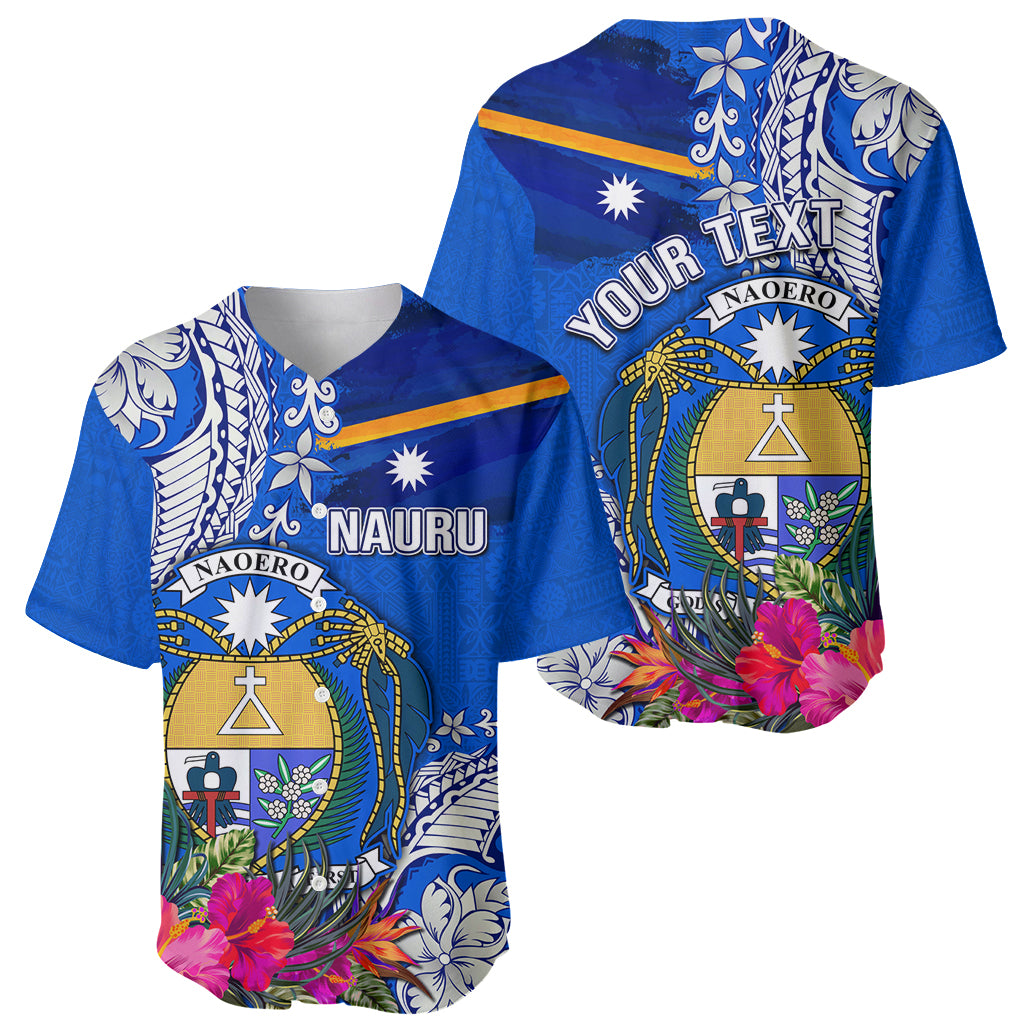 Personalised Nauru Coat of Arms Baseball Jersey Tropical Flower Polynesian Pattern LT03 - Polynesian Pride