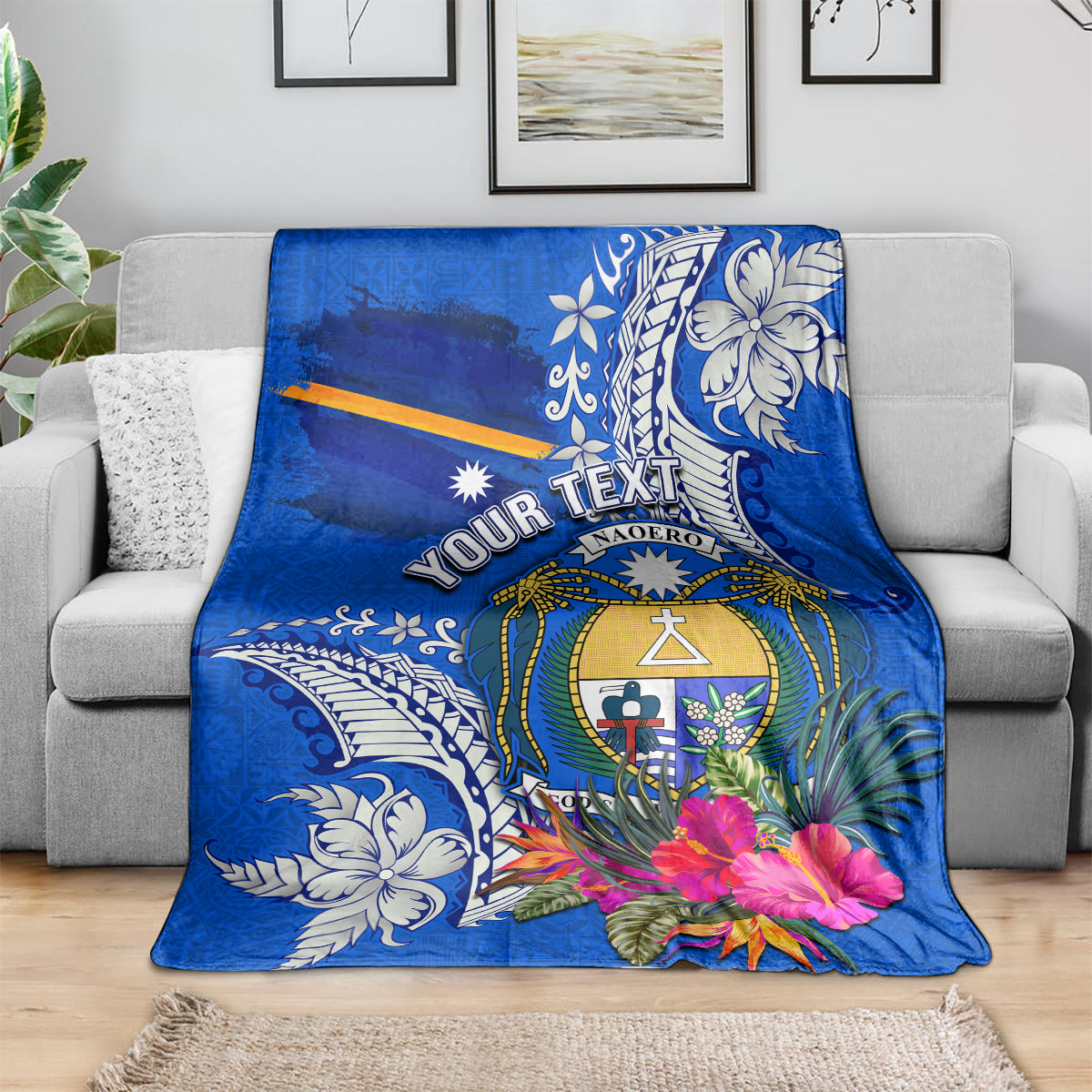 Personalised Nauru Coat of Arms Blanket Tropical Flower Polynesian Pattern LT03 - Polynesian Pride