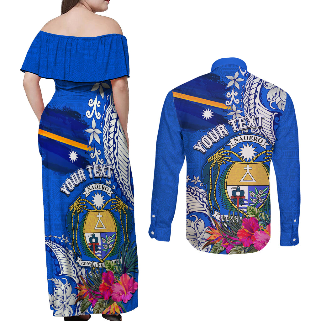 Personalised Nauru Coat of Arms Couples Matching Off Shoulder Maxi Dress and Long Sleeve Button Shirt Tropical Flower Polynesian Pattern LT03 - Polynesian Pride