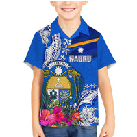 Personalised Nauru Coat of Arms Family Matching Mermaid Dress and Hawaiian Shirt Tropical Flower Polynesian Pattern LT03 Son's Shirt Blue - Polynesian Pride