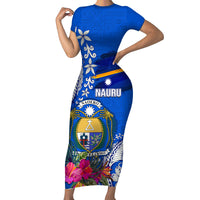 Personalised Nauru Coat of Arms Family Matching Short Sleeve Bodycon Dress and Hawaiian Shirt Tropical Flower Polynesian Pattern LT03 Mom's Dress Blue - Polynesian Pride