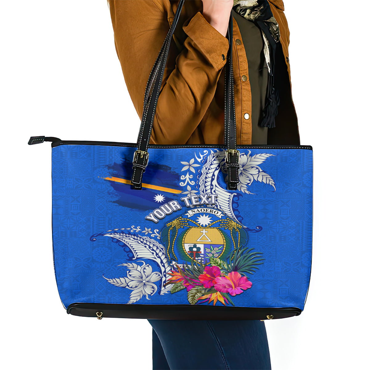 Personalised Nauru Coat of Arms Leather Tote Bag Tropical Flower Polynesian Pattern LT03 - Polynesian Pride