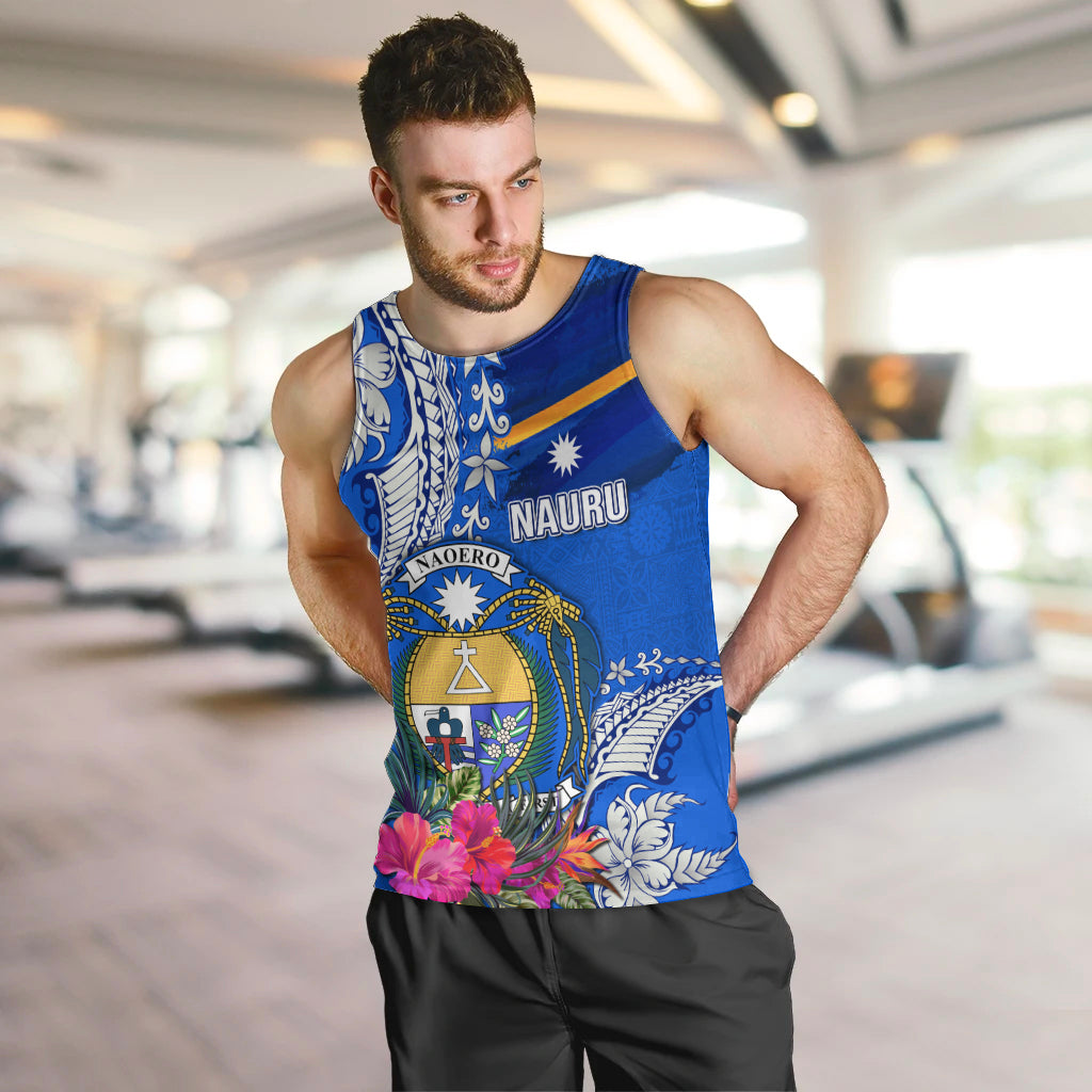 Personalised Nauru Coat of Arms Men Tank Top Tropical Flower Polynesian Pattern LT03 Blue - Polynesian Pride