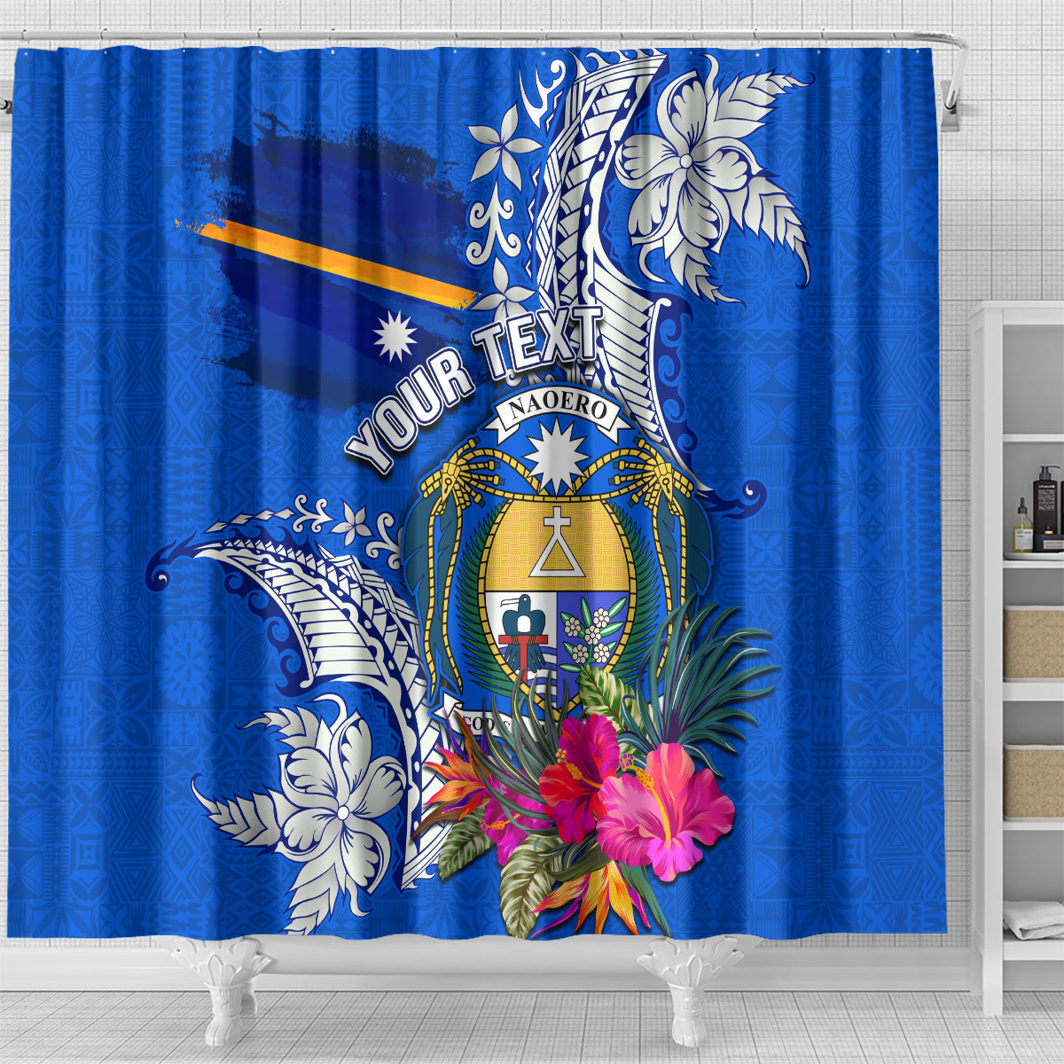 Personalised Nauru Coat of Arms Shower Curtain Tropical Flower Polynesian Pattern LT03 - Polynesian Pride