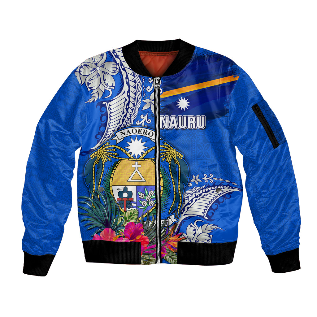 Personalised Nauru Coat of Arms Sleeve Zip Bomber Jacket Tropical Flower Polynesian Pattern LT03 Unisex Blue - Polynesian Pride