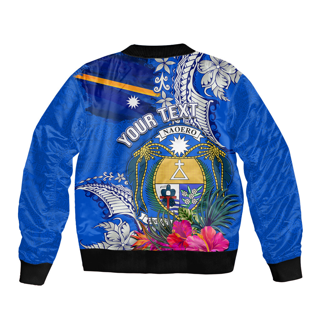 Personalised Nauru Coat of Arms Sleeve Zip Bomber Jacket Tropical Flower Polynesian Pattern LT03 - Polynesian Pride