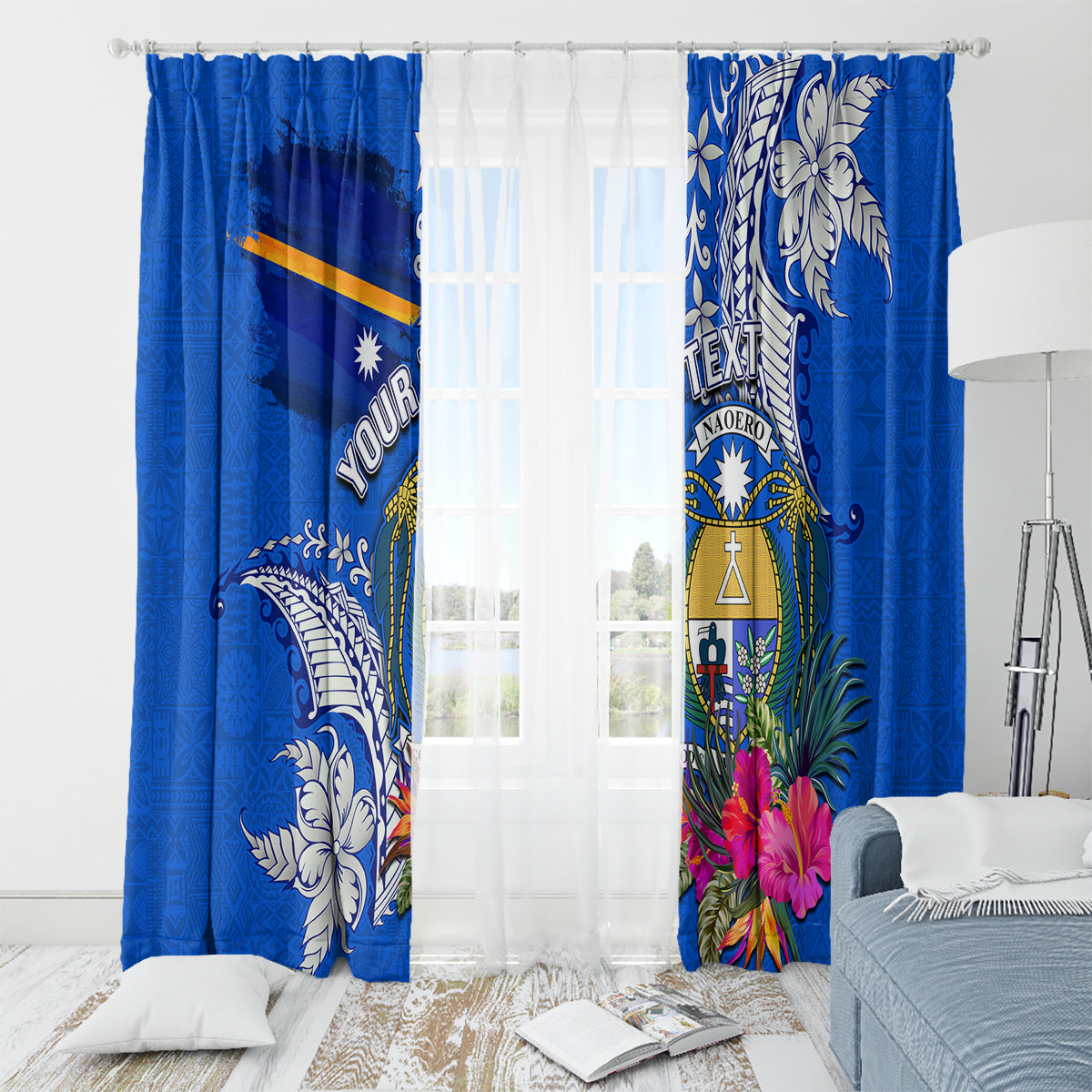 Personalised Nauru Coat of Arms Window Curtain Tropical Flower Polynesian Pattern LT03 - Polynesian Pride