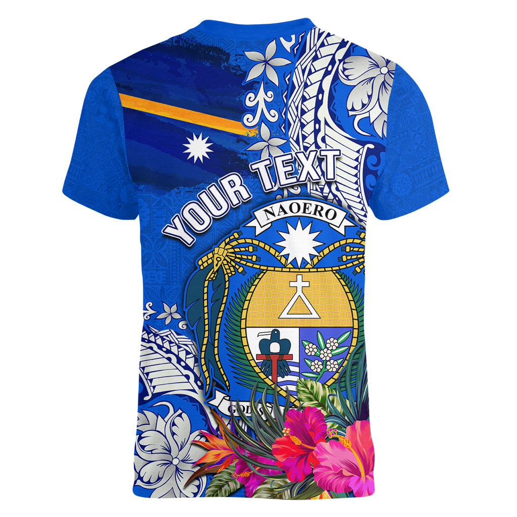 Personalised Nauru Coat of Arms Women V Neck T Shirt Tropical Flower Polynesian Pattern LT03 - Polynesian Pride