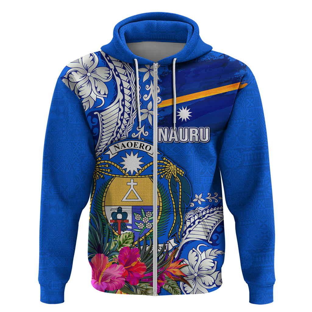 Personalised Nauru Coat of Arms Zip Hoodie Tropical Flower Polynesian Pattern LT03 Zip Hoodie Blue - Polynesian Pride