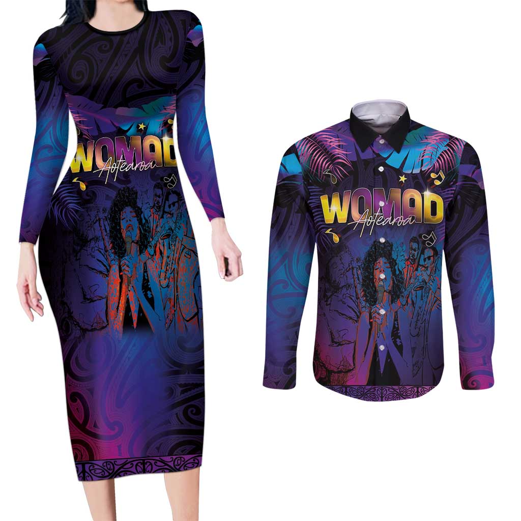 Aotearoa Arts Festival 2025 Couples Matching Long Sleeve Bodycon Dress and Long Sleeve Button Shirt Maori Music Art Dance - Rhythmic Vibes