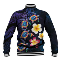 Hawaiian Turtles and Plumeria Baseball Jacket Polynesian Art Tribal Tattoo Dark Aqua Color