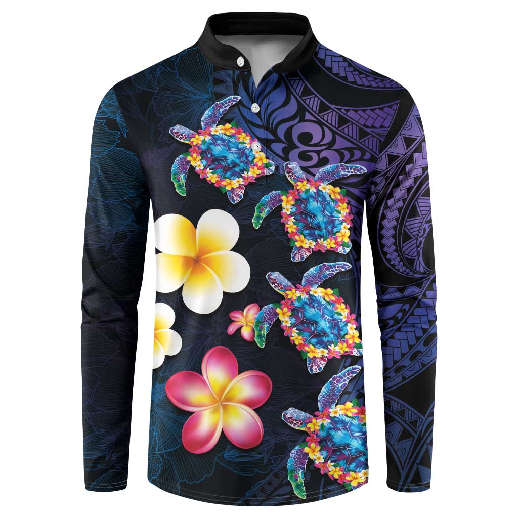 Hawaiian Turtles and Plumeria Button Sweatshirt Polynesian Art Tribal Tattoo Dark Aqua Color LT03 Blue - Polynesian Pride