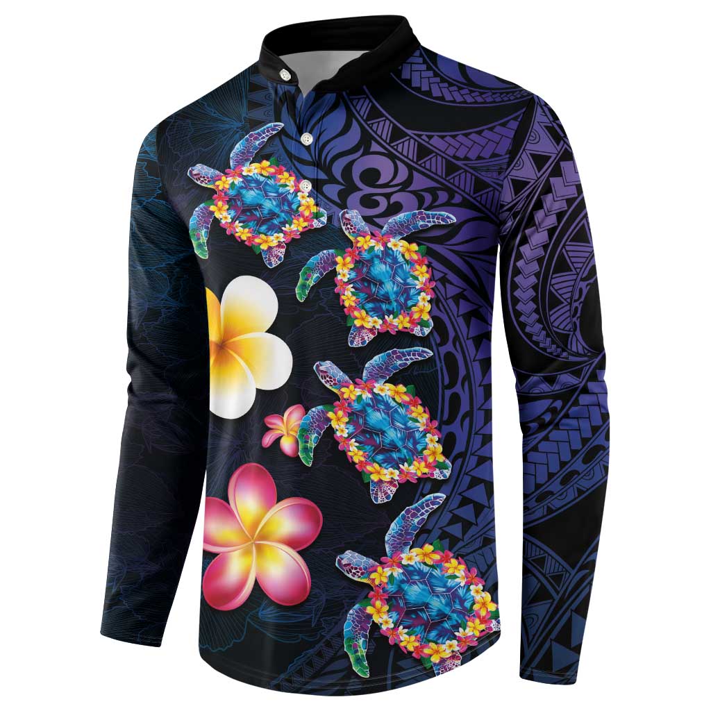Hawaiian Turtles and Plumeria Button Sweatshirt Polynesian Art Tribal Tattoo Dark Aqua Color LT03 - Polynesian Pride
