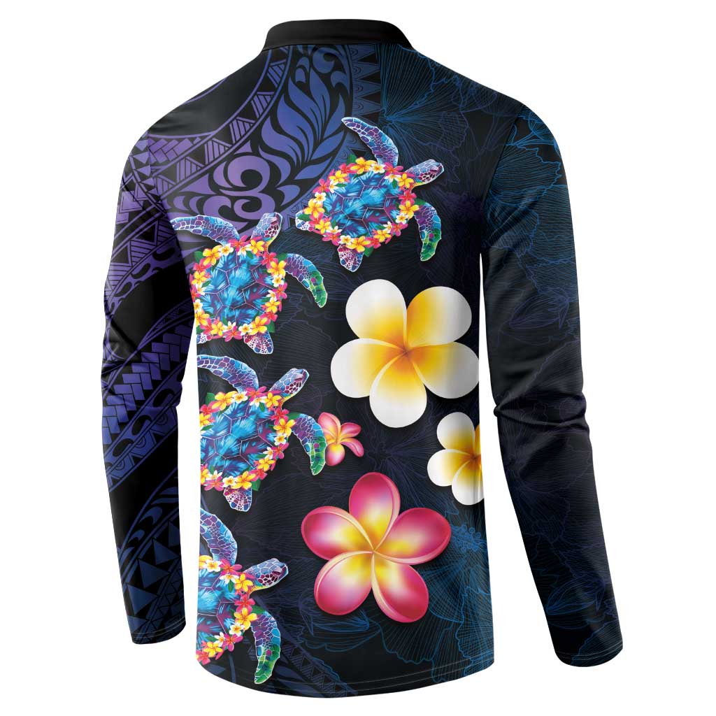 Hawaiian Turtles and Plumeria Button Sweatshirt Polynesian Art Tribal Tattoo Dark Aqua Color LT03 - Polynesian Pride