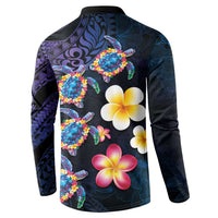 Hawaiian Turtles and Plumeria Button Sweatshirt Polynesian Art Tribal Tattoo Dark Aqua Color LT03 - Polynesian Pride