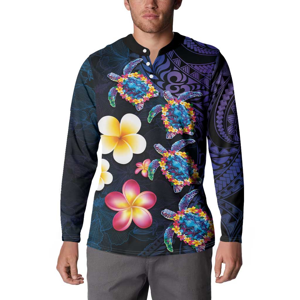 Hawaiian Turtles and Plumeria Button Sweatshirt Polynesian Art Tribal Tattoo Dark Aqua Color LT03 - Polynesian Pride