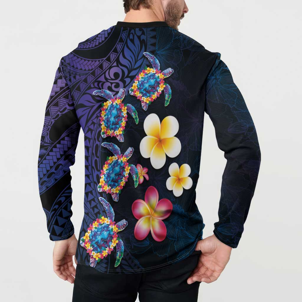 Hawaiian Turtles and Plumeria Button Sweatshirt Polynesian Art Tribal Tattoo Dark Aqua Color LT03 - Polynesian Pride