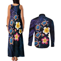 Hawaiian Turtles and Plumeria Couples Matching Tank Maxi Dress and Long Sleeve Button Shirt Polynesian Art Tribal Tattoo Dark Aqua Color